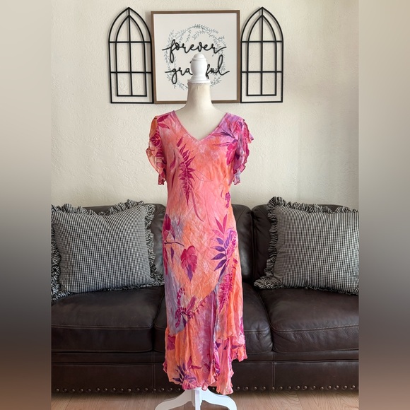 Vintage PHOOL Bright & Colorful Floral Dress Ruffle Asymmetrical Hem Rare 90s - Picture 12 of 15